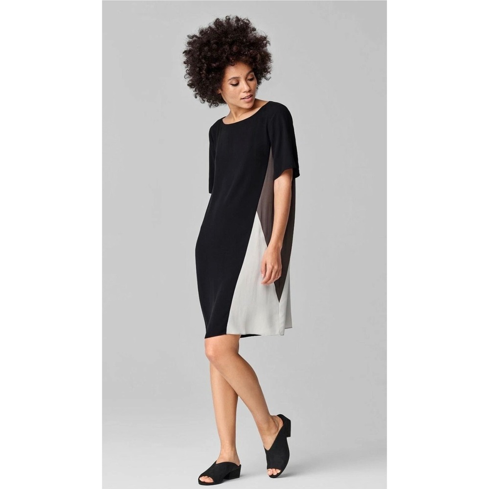 Eileen Fisher 100% Silk Colorblock Shift‎ Dress Black Grey Bateau Neck Crepe